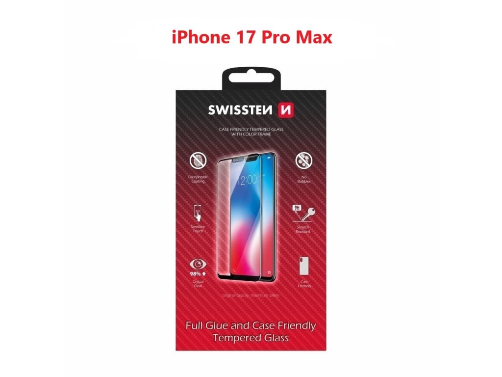 sklo swissten full glue color frame case friendly pro apple iphone 17 pro max cerne ien562940