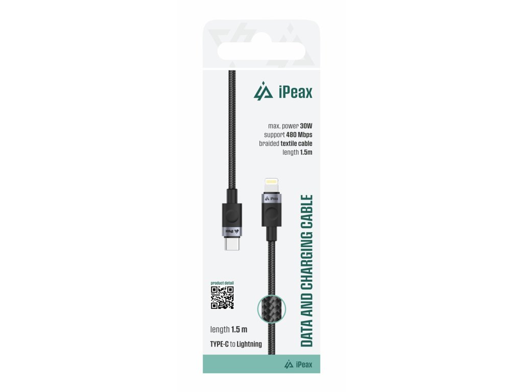 ipeax textilni kabel usb c lightning 1 5m usb 2 0 cerny ien566762