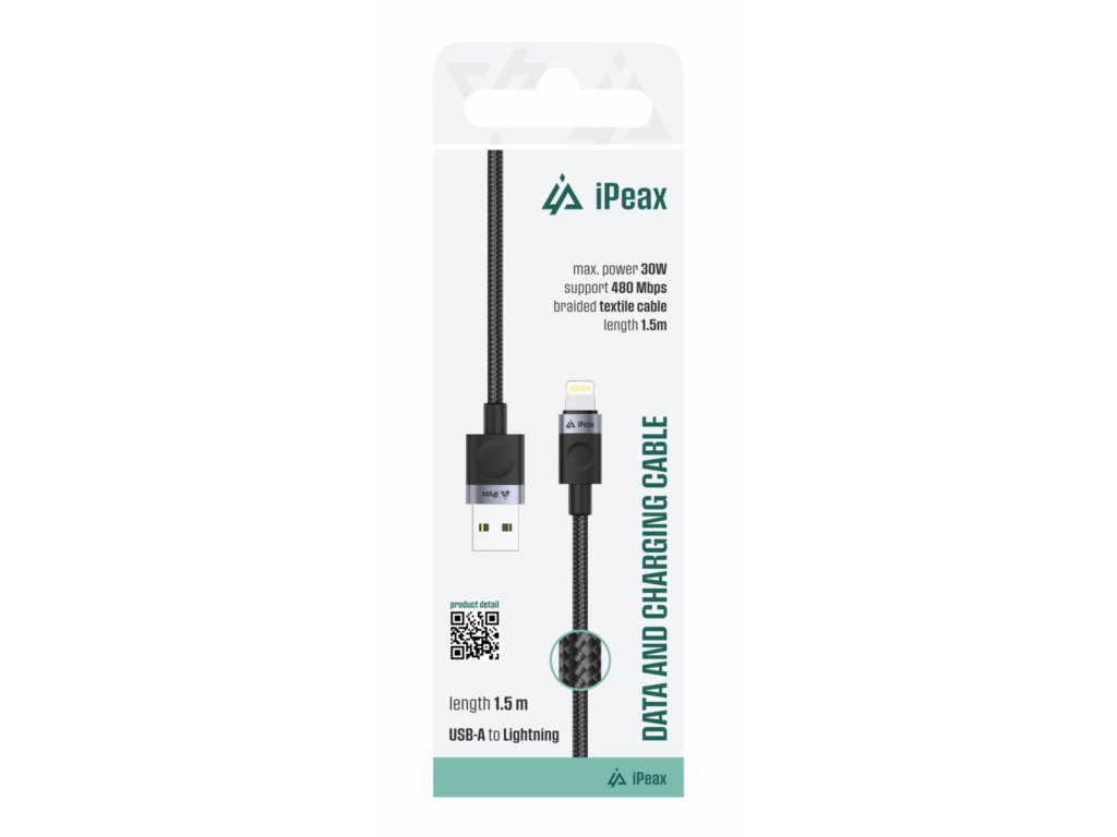 ipeax textilni kabel usb a lightning 1 5m usb 2 0 cerny ien566754