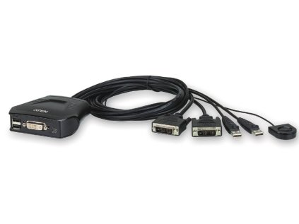 ATEN 2-port DVI KVM USB mini, integrované kabely, tlačítko pro přepínání