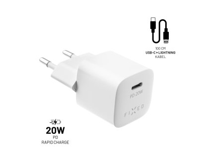 Set síťové nabíječky FIXED Mini s USB-C výstupem a USB-C/Lightning kabelu, podpora PD, 1 metr, MFI, 20W, bílý