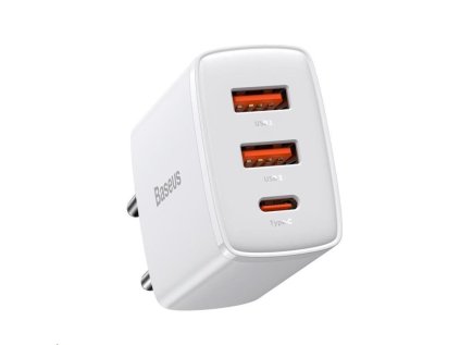 Baseus kompaktní rychlonabíjecí adaptér 2x USB-A, 1x USB-C 30W bílá