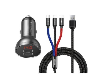 Baseus Digital Display set duálního adaptéru do automobilu 2* USB-A a opleteného kabelu 3v1 4,8A, černá