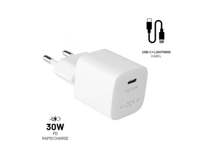 Set síťové nabíječky FIXED Mini s USB-C výstupem a USB-C/Lightning kabelu, podpora PD, 1.2 metr, MFI, 30W, bílý