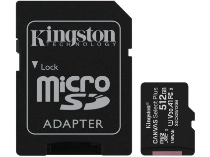Kingston microSDXC 512GB Canvas Select Plus, UHS-I, U3, V30, čtení 100 MB/s, zápis 85MB/s) + SD adaptér