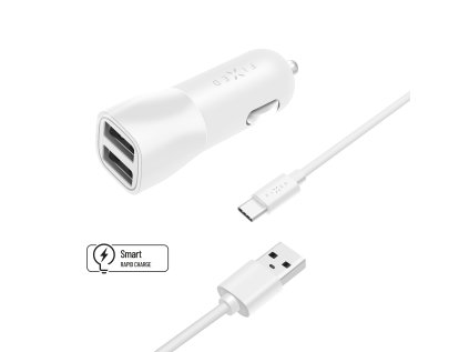 Set autonabíječky FIXED s 2xUSB výstupem a USB/USB-C kabelu, 1 metr, 15W Smart Rapid Charge, bílá