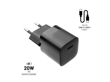 Set síťové nabíječky FIXED Mini s USB-C výstupem a USB-C/USB-C kabelu, podpora PD, 1 metr, 20W, černý