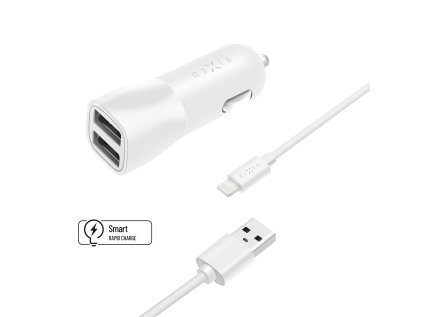 Set autonabíječky FIXED s 2xUSB výstupem a USB/Lightning kabelu, 1 metr, MFI certifikace, 15W Smart Rapid Charge, bílá