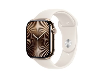 apple watch series 10 gps cellular 46mm gold titanium case with starlight sport band s m mwyx3qc a ien529685