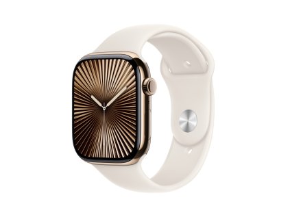 apple watch series 10 gps cellular 42mm gold titanium case with starlight sport band m l mx073qc a ien529675