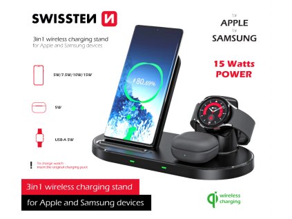 SWISSTEN bezdrátová nabíječka 3v1 station pro Apple a Samsung
