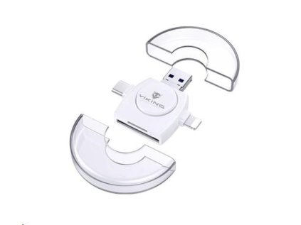Viking OTG čtečka paměťových karet SD a Micro SD 4v1 s koncovkou APPLE Lightning / Micro USB / USB 3.0 / USB-C, bílá