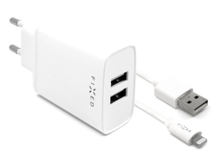 FIXED síťová nabíječka s 2xUSB výstupem a USB/Lightning kabelu, 1m, MFI certifikace, 15W Smart Rapid Charge, bílá