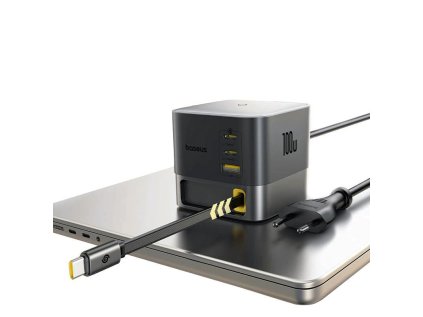 Nabíječka do sítě Baseus Super GaN 100W s navíjecím kabelem USB-C 82cm, 1xUSB, 2xUSB-C černá