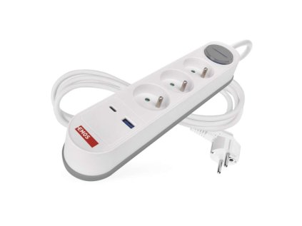 Emos prodlužovací kabel 2 m / 3 zásuvky / s vypínačem / bílo-šedý / 1×USB-A + 1×USB-C / 1,5 mm2