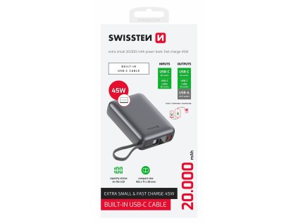 swissten power bank 20000 mah 45w s integrovanym kabelem usb c vesmirne stribrna ien555318