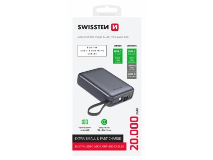 swissten power bank 20000 mah s integrovanymi kabely usb c a lightning vesmirne stribrna ien555320