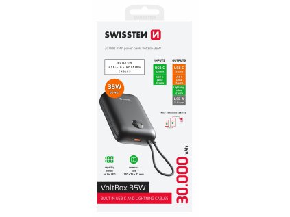 SWISSTEN POWER BANK VOLTBOX 35W 30000 mAh S INTEGROVANÝMI KABELY USB-C A LIGHTNING ČERNÁ