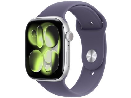 apple watch series 11 gps cellular 46mm silver aluminium case with purple fog sport band s m ien563024