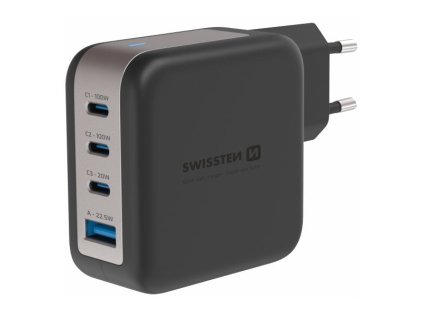 swissten sitovy adapter gan 3x usb c 100w pd 1x usb a 18w qc cerny ien571378