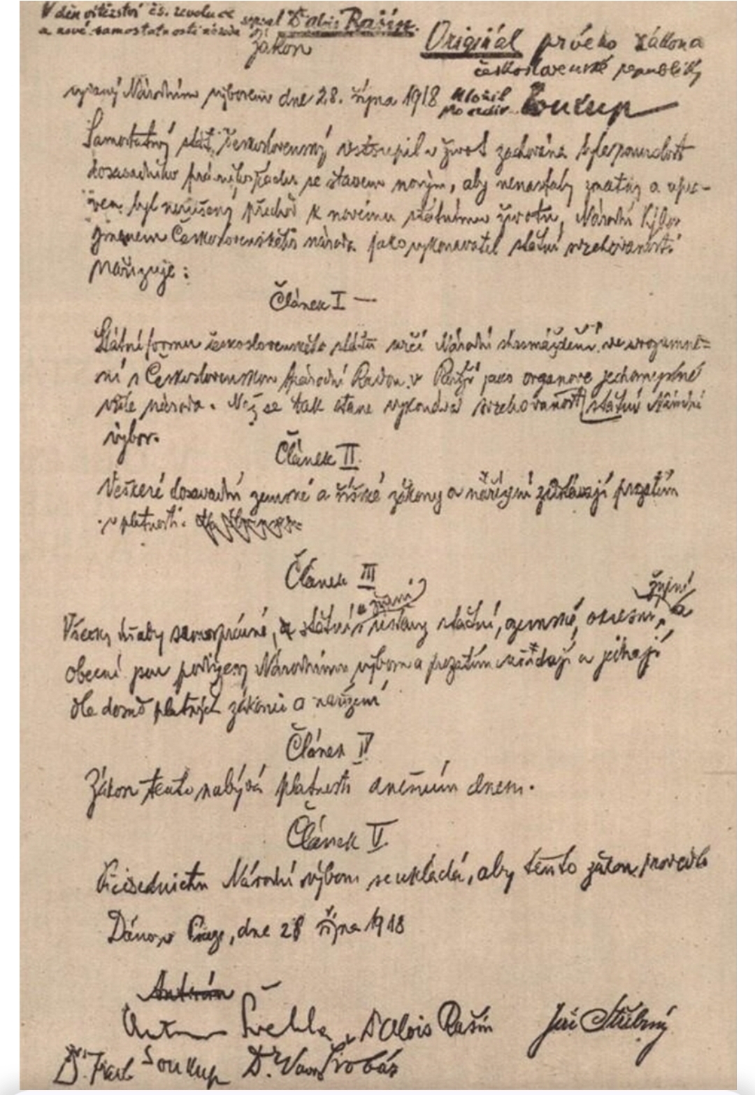 První zákon založení Československa 1918
