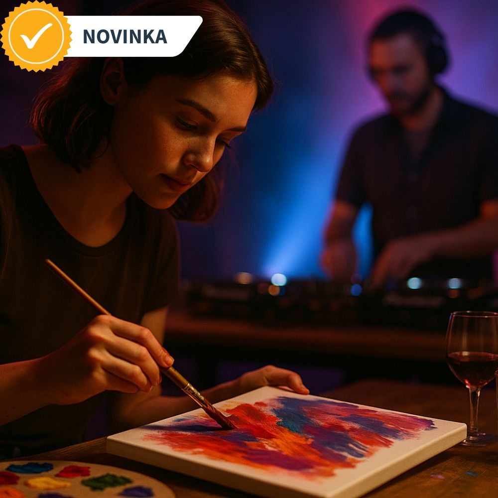 Malování s živým DJ setem, kde se barvy mísí s rytmem hudby a vzniká jedinečný tvůrčí zážitek.