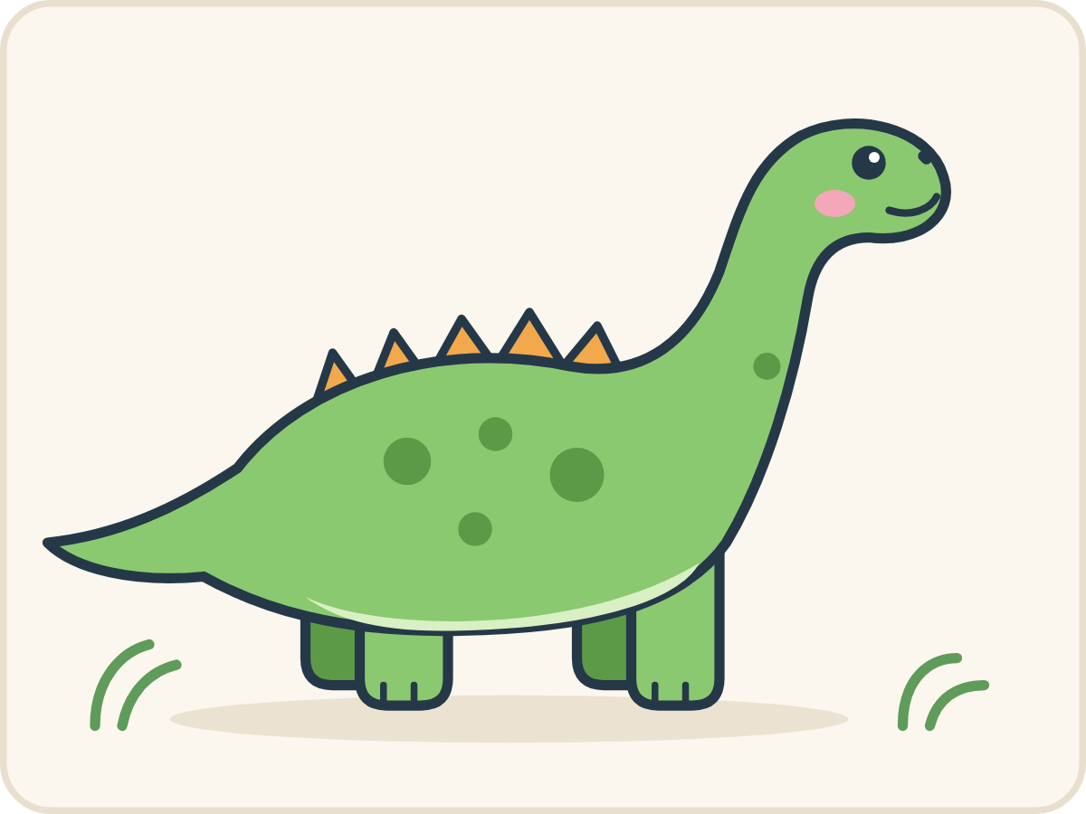 Hotový obrázek: roztomilý zelený dlouhokrký dinosaurus z boku s oranžovými ostny na hřbetě, tmavšími skvrnami a světlým bříškem