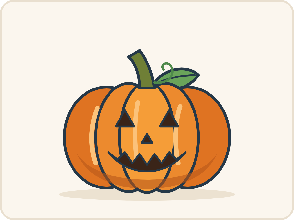Hotový obrázek: oranžová dýně s žebry, zelenou stopkou a listem a halloweenským obličejem