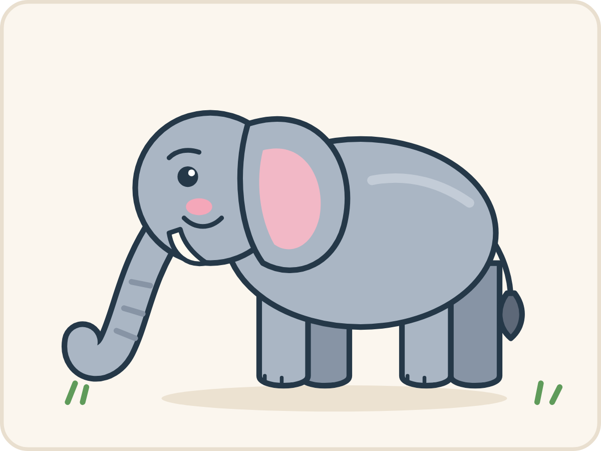 Hotový obrázek: šedý slon stojící bokem s chobotem stočeným nahoru, velkým uchem s růžovým vnitřkem, malým klem a střapcem na ocasu