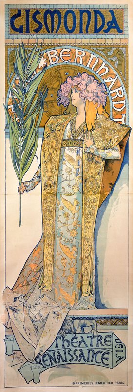 Plakát Gismonda od Alfonse Muchy, 1894 – Sarah Bernhardtová v dlouhém zlatavém rouchu s palmovou ratolestí