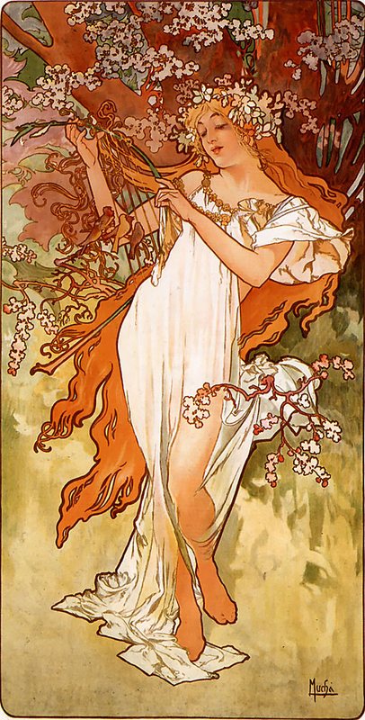 Jaro ze série Čtyři roční doby od Alfonse Muchy, 1896 – dívka ve světlých šatech mezi kvetoucími větvemi