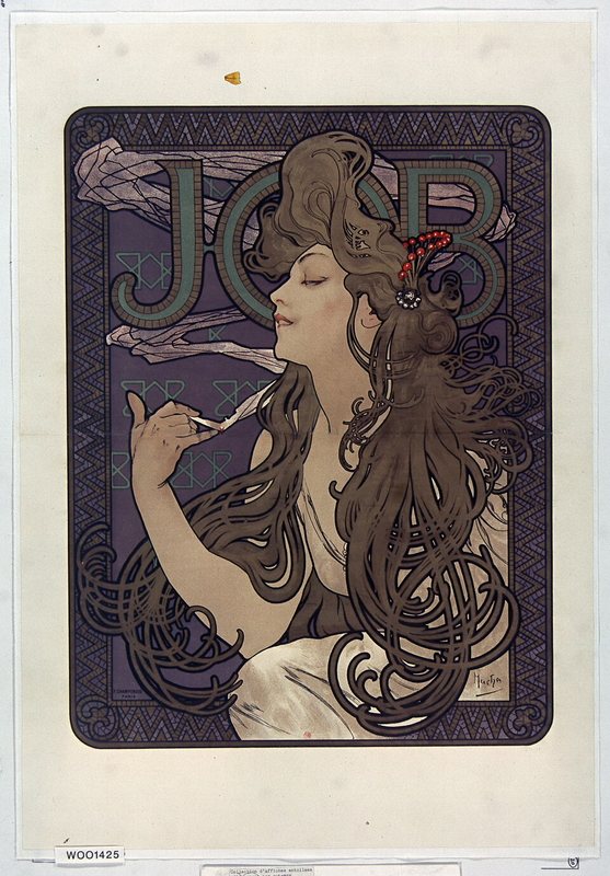 Reklamní plakát Job od Alfonse Muchy, 1896 – žena s rozpuštěnými vlnitými vlasy drží cigaretu, za ní monogram JOB