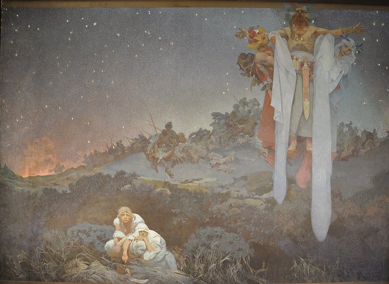 Slované v pravlasti, první obraz Slovanské epopeje od Alfonse Muchy, 1912 – noční pláň s dvojicí ukrytou v trávě a postavami na nebi