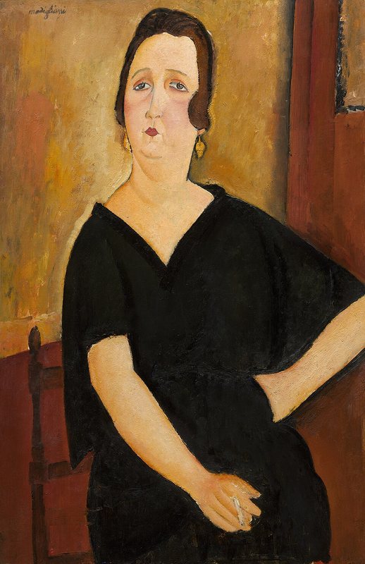 Madame Amédée od Amedea Modiglianiho, 1918 – žena v černých šatech sedí s rukama v klíně před hnědou stěnou