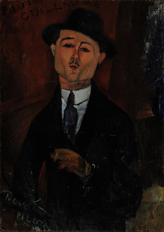 Paul Guillaume, Novo Pilota od Amedea Modiglianiho, 1915 – mladý muž v klobouku, tmavém saku a s kravatou