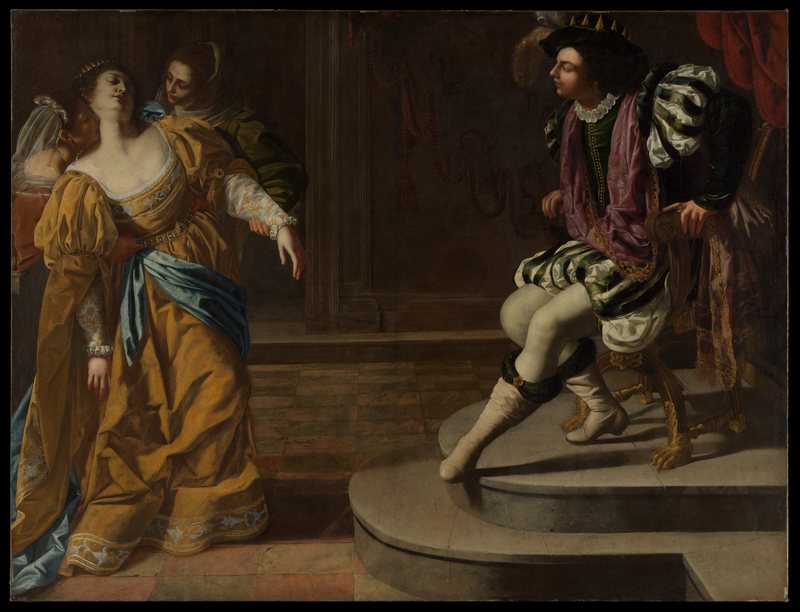 Ester před Ahasverem od Artemisie Gentileschi, 20. léta 17. století – omdlévající královna ve zlatých šatech podpíraná služebnými před králem na trůnu