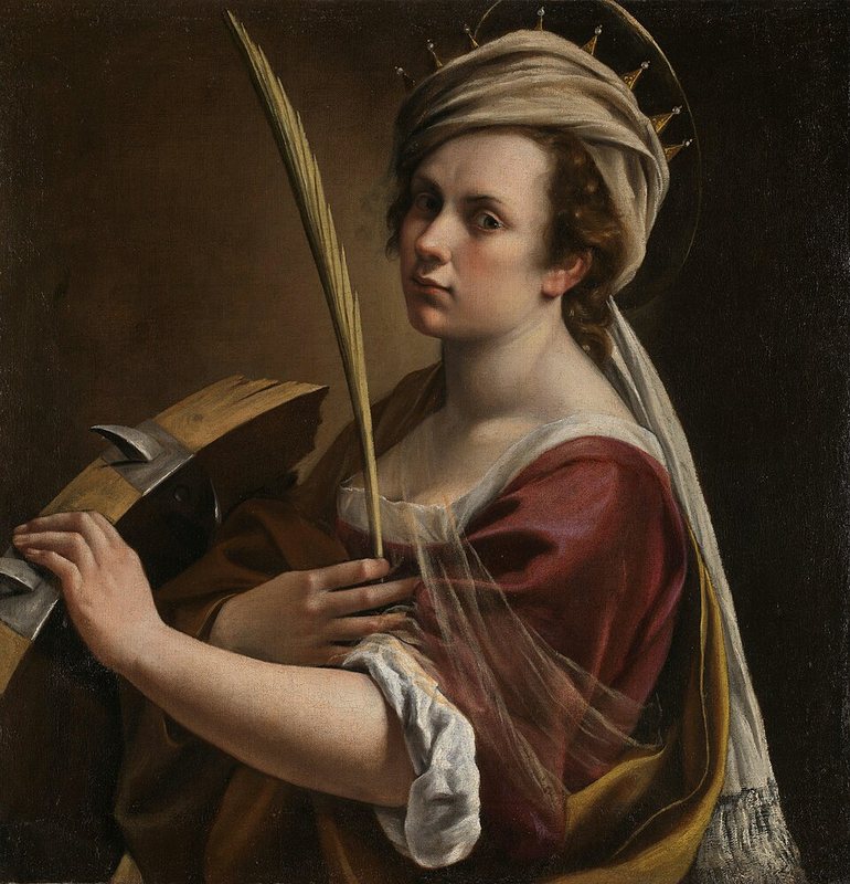 Autoportrét Artemisie Gentileschi jako svaté Kateřiny Alexandrijské, kolem 1615–1617 – mladá žena s turbanem a palmovou ratolestí opřená o rozbité kolo