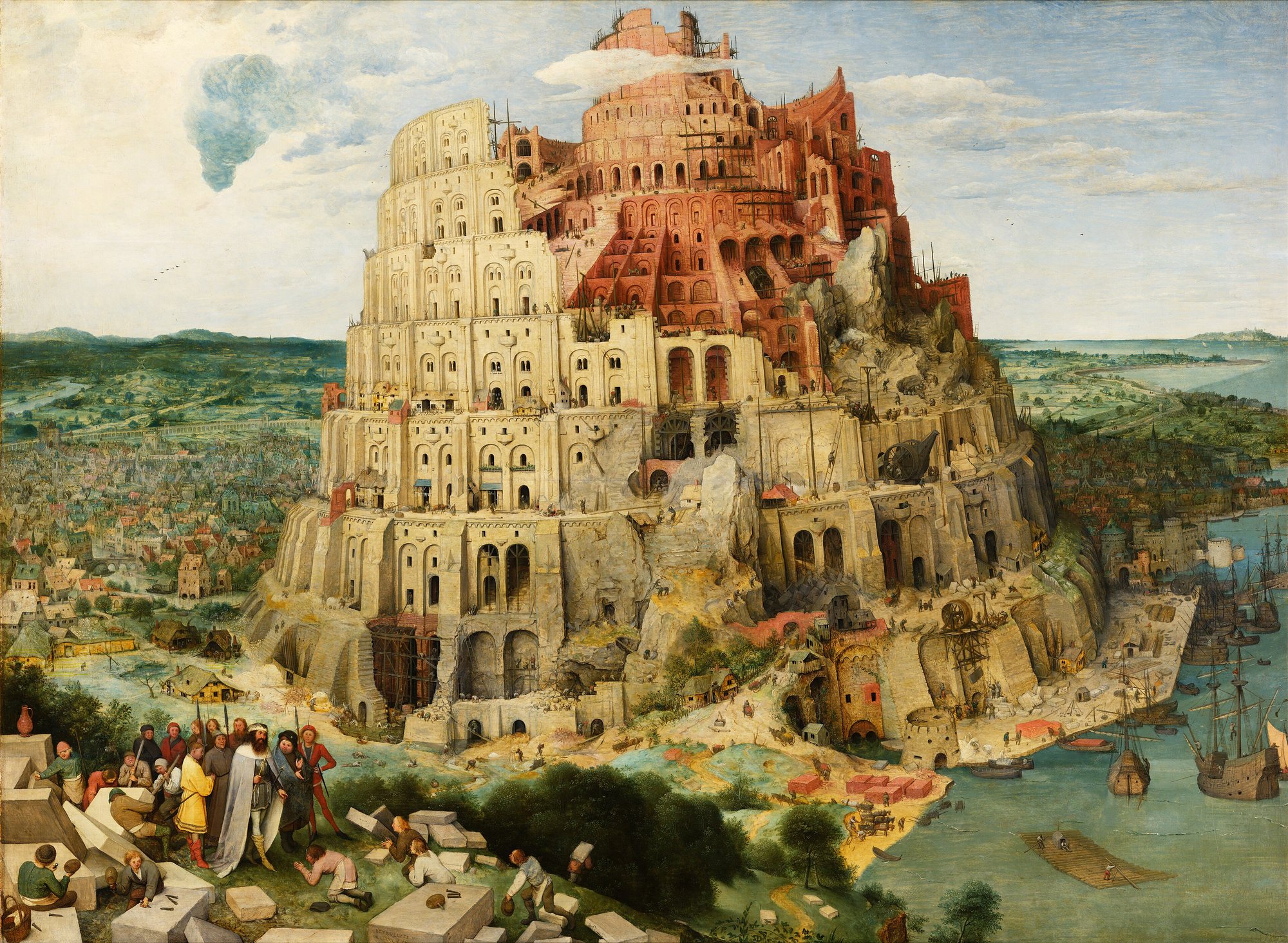 Babylonská věž od Pietera Bruegela staršího, 1563 – obrovská rozestavěná kruhová věž s oblouky nad přístavním městem, vpředu král s družinou a kameníci