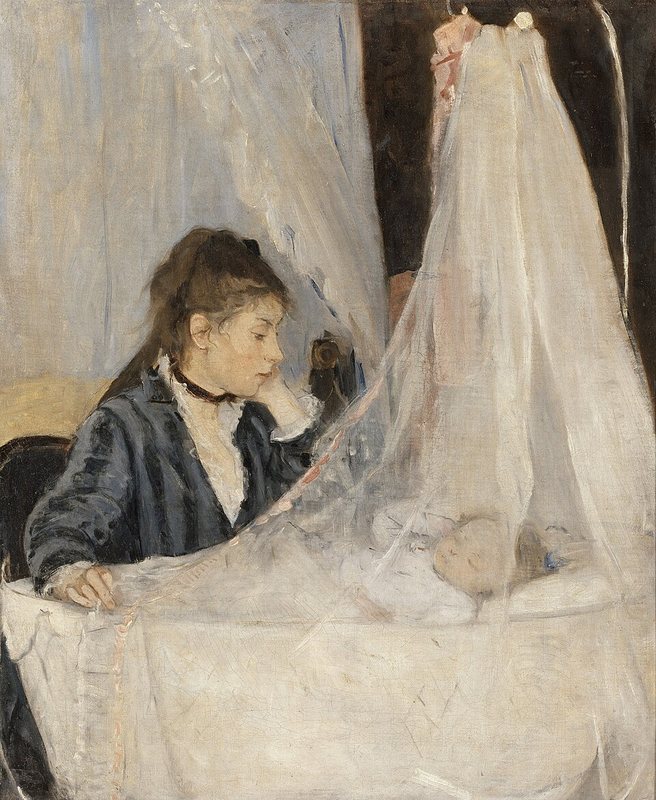 Kolébka od Berthe Morisot, 1872 – mladá žena v tmavých šatech sedí u kolébky zahalené průsvitným závojem a dívá se na spící dítě