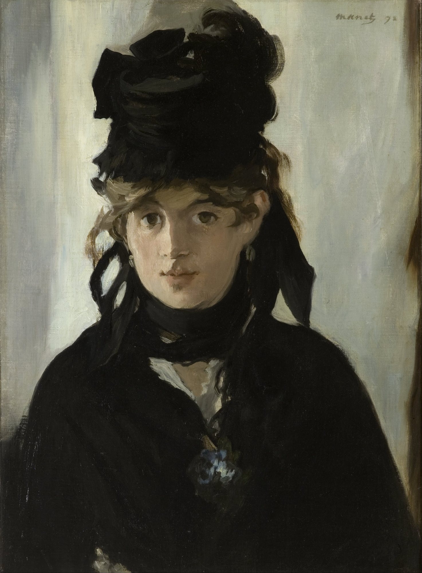 Berthe Morisot s kyticí fialek od Édouarda Maneta, 1872 – mladá žena v černém klobouku a černých šatech hledí přímo na diváka