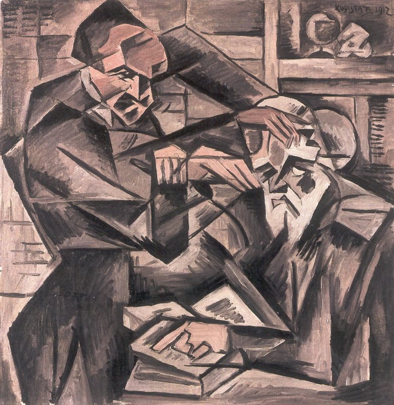 Hypnotizér od Bohumila Kubišty, 1912 – stojící muž vkládá ruce na hlavu sedícího vousatého starce nad otevřenou knihou, lomené tvary v hnědých a růžových tónech