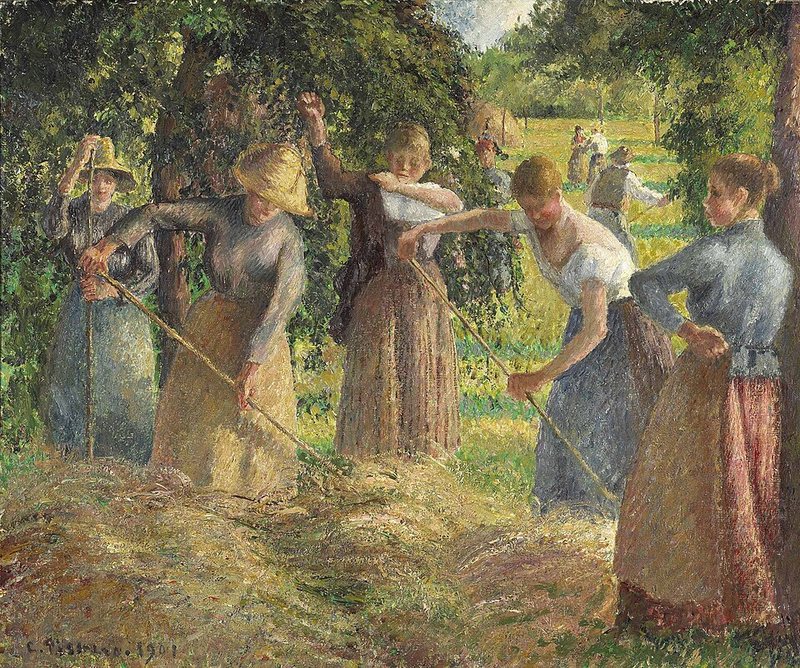 Senoseč v Éragny od Camilla Pissarra, 1901 – ženy hrabou seno na slunné louce s kupkami