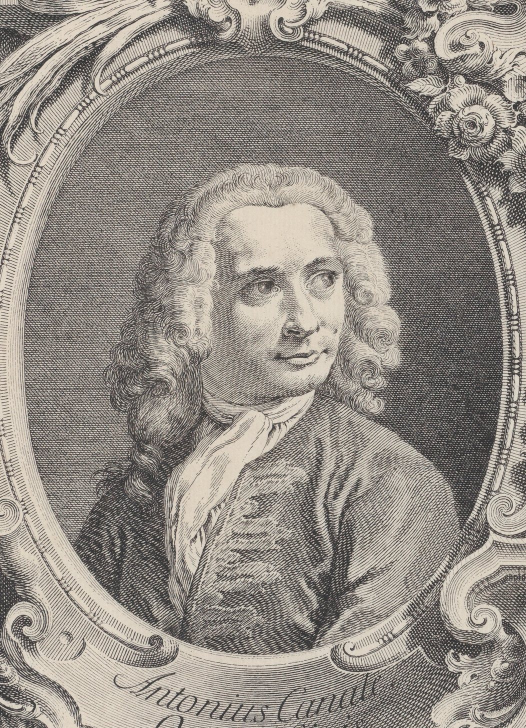Portrét Canaletta na mědirytině Antonia Visentiniho z roku 1735 – muž s dlouhou kudrnatou parukou a šátkem kolem krku v oválném rámu