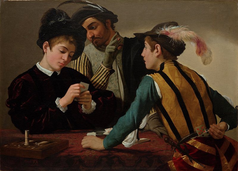 Hráči karet od Caravaggia, kolem 1596–1597 – mladý muž hraje karty, zatímco podvodník za jeho zády dává znamení spoluhráči