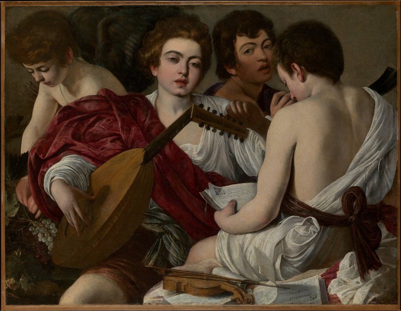 Hudebníci od Caravaggia, 1597 – čtyři mladíci s loutnou, rohem a notami, vzadu Amor s hrozny