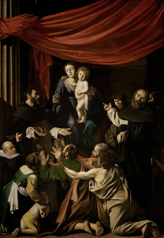 Madona růžencová od Caravaggia, kolem 1601 – Panna Marie s dítětem na trůnu, pod ní svatí a klečící chudí s nataženýma rukama