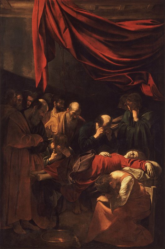 Smrt Panny Marie od Caravaggia, kolem 1601–1606 – mrtvá Marie v červených šatech, kolem ní truchlící apoštolové pod rudou draperií