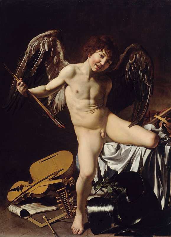 Vítězný Amor od Caravaggia, 1601–1602 – usměvavý okřídlený chlapec nad rozházenými hudebními nástroji a knihami