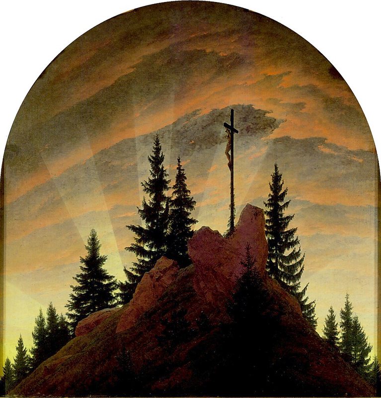 Děčínský oltář od Caspara Davida Friedricha, 1807–1808 – kříž na vrcholu skály mezi jedlemi proti paprskům zapadajícího slunce