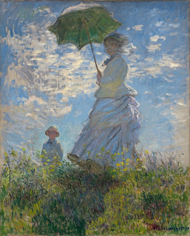 Žena se slunečníkem od Clauda Moneta, 1875 – Camille Monet se slunečníkem na kopci proti obloze, za ní syn Jean